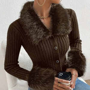 Coffee Brown Casual Women's Borg Collar Fuzzy Cuff Cardigan
